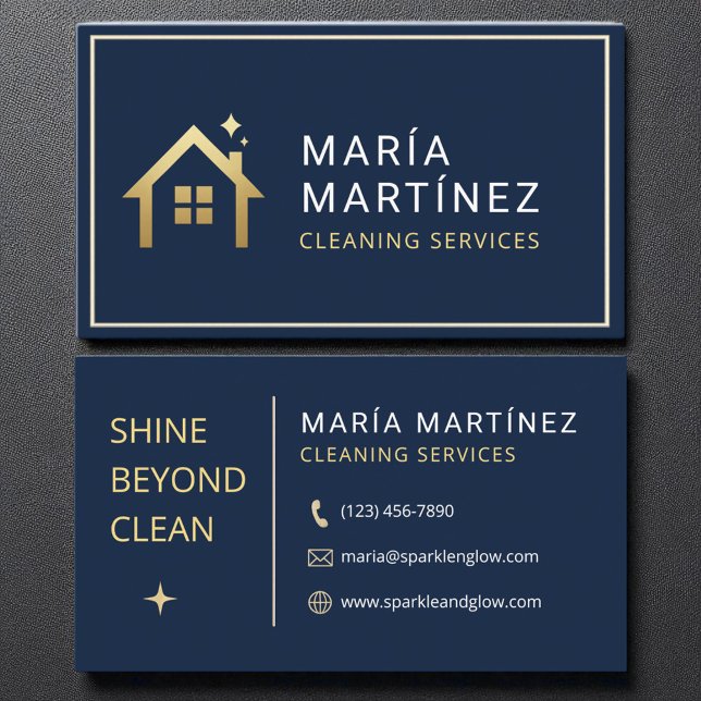 Cartão De Visita Navy Blue and Gold House Cleaning Services (Criador carregado)