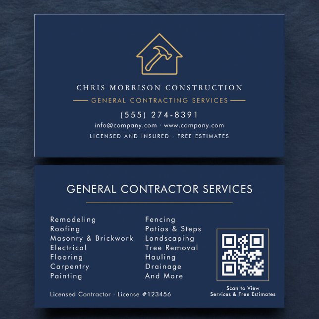Cartão De Visita Navy Blue General Contractor QR Code (Criador carregado)