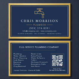 Cartão De Visita Navy Blue Plumber Contractor QR Code Gold Metallic