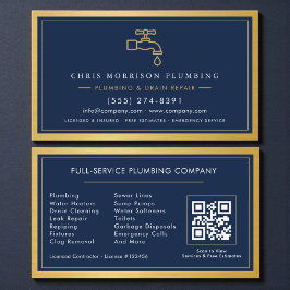 Cartão De Visita Navy Blue Plumbing Company QR Code Gold Metallic