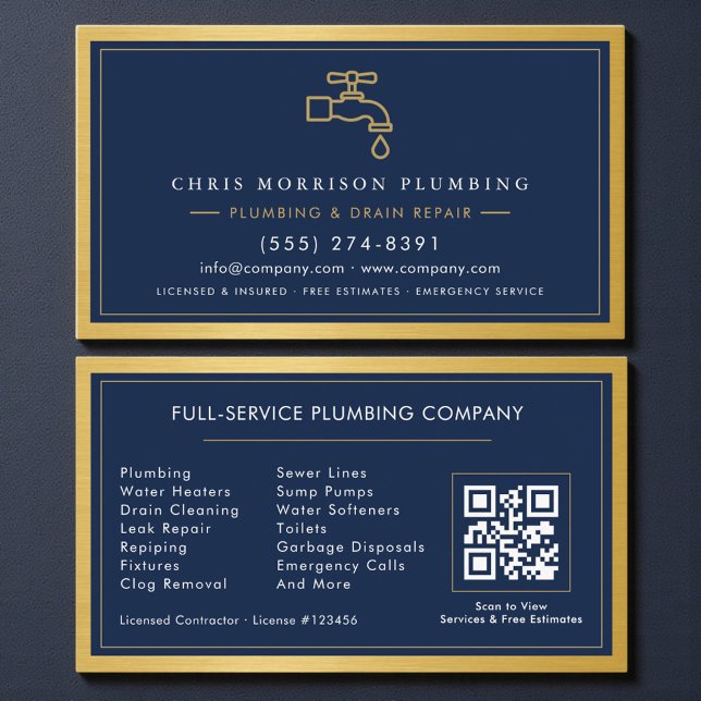 Cartão De Visita Navy Blue Plumbing Company QR Code Gold Metallic (Criador carregado)