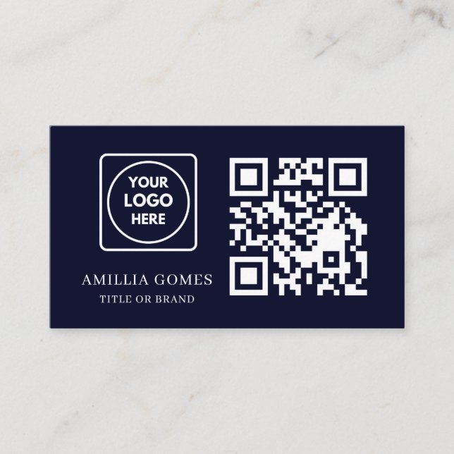 Cartão De Visita Navy Blue QR Code | Modern Custom Contact Design (Frente)