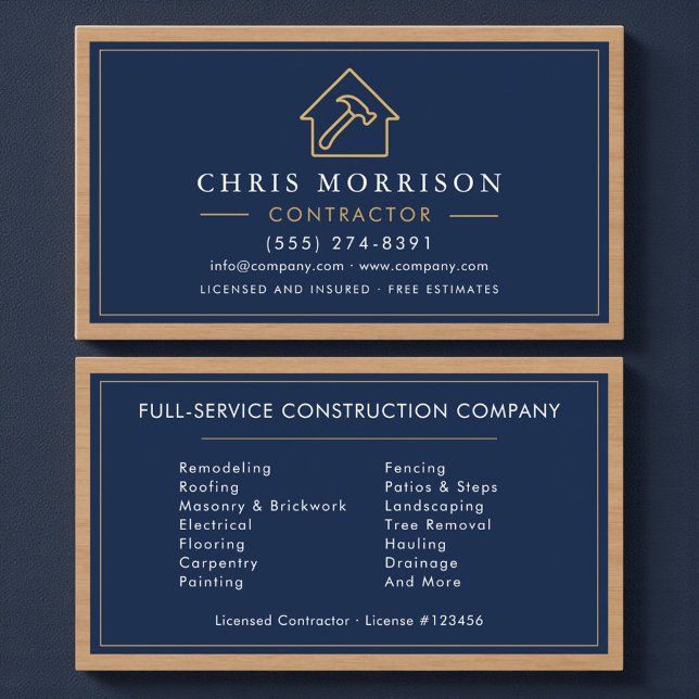 Cartão De Visita Navy Blue Wood Building Construction Business Card (Criador carregado)