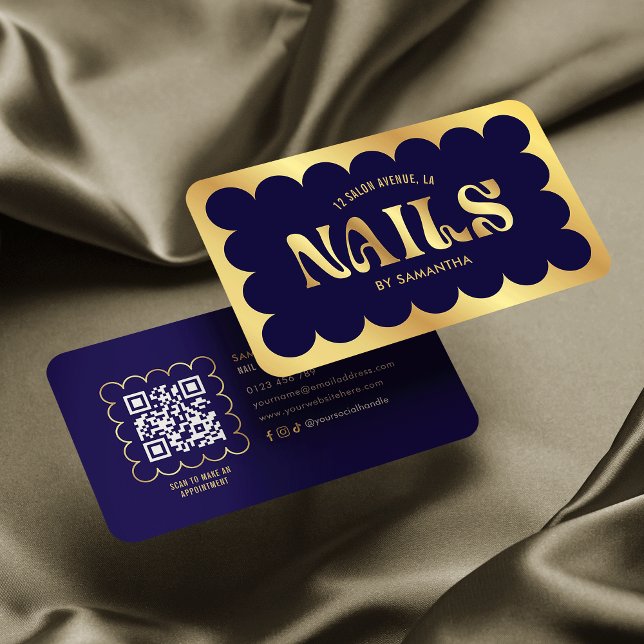 Cartão De Visita Navy & Gold Modern QR Code Manicure Nails Salon (Criador carregado)
