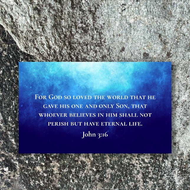 Cartão De Visita Nebulosa Azul Moderna João 3:16 Escritura Bíblica (Customize this scripture card. John 3:16 Bible verse in modern script on blue nebula background.)