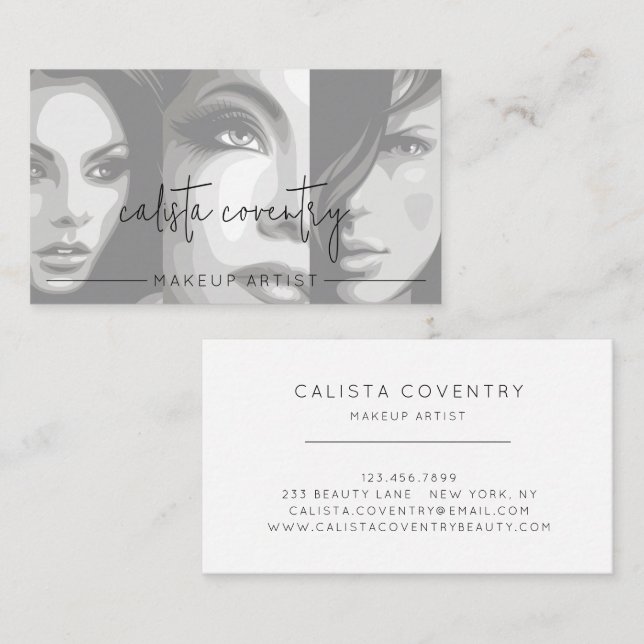 Cartão De Visita Negócios de Maquiagem com Letra Preta em Foto (Frente/Verso)