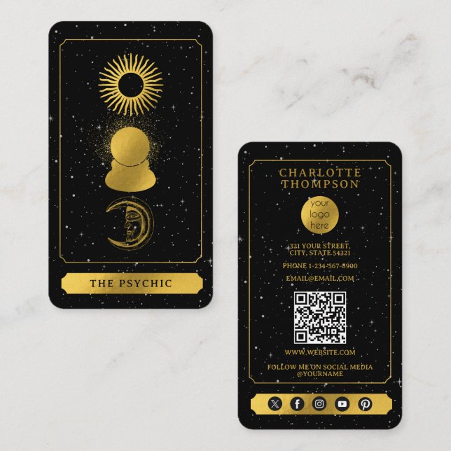 Cartão De Visita Negra Dourada do Leitor de Tarot Celestial (Frente/Verso)