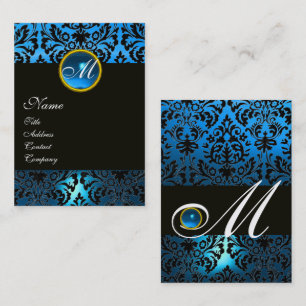 Cartão De Visita NEGRO DAMASK BLUE FLORAL MONOGRAMA Sapphire Gem