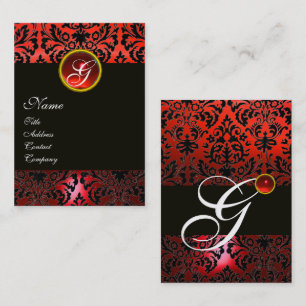Cartão De Visita NEGRO VERMELHO DAMASK FLORAL MONOGRAMA, Ruby Gem