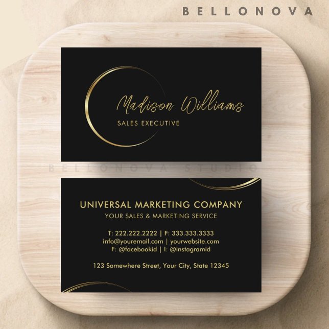 Cartão De Visita Negros e negócios profissionais Dourados personali (Customizable Black and Gold Professional Business Business Card)