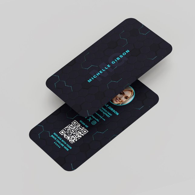 Cartão De Visita Neon Azul Neon Moderno, Profissional de Monograma (Modern Monogram Professional Tech Dark Neon Blue Business Card
)