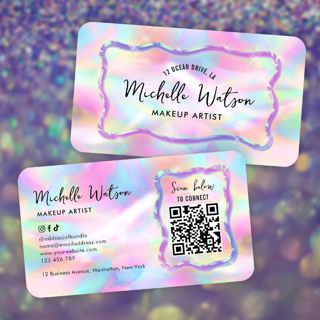 Cartão De Visita Neon Holographic Iridescent Beauty Salon QR Code (Neon effect business cards with custom QR code, trendy fonts and holographic style background)