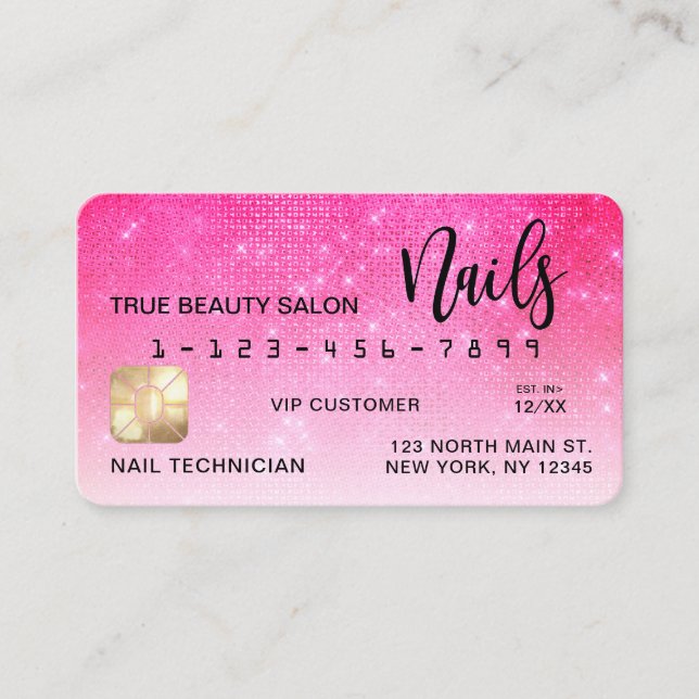 Cartão De Visita Neon Pink Sequin Glitter Credit Card Nail Tech (Frente)
