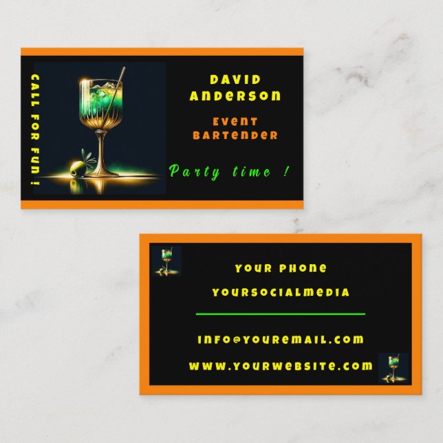 Cartão De Visita Neon Popular Party Time Personalizado Professional (Frente/Verso)