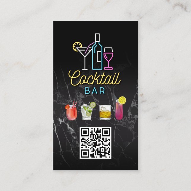 Cartão De Visita Neon Sign Cocktails | Código QR (Frente)