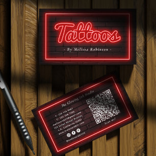 Cartão De Visita Neon Vermelho & Código QR de Artista de Tatuagem d
