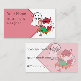 Cartão De Visita Nerd Fox Laptop de Trabalho Fantasma Fofo & Bebida