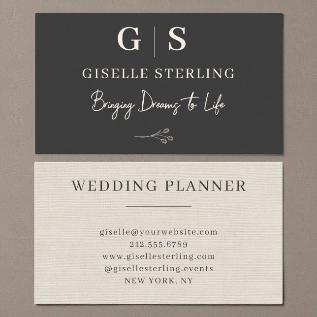 Cartão De Visita Neutral Linen Elegant Minimalist Monogram  (Criador carregado)