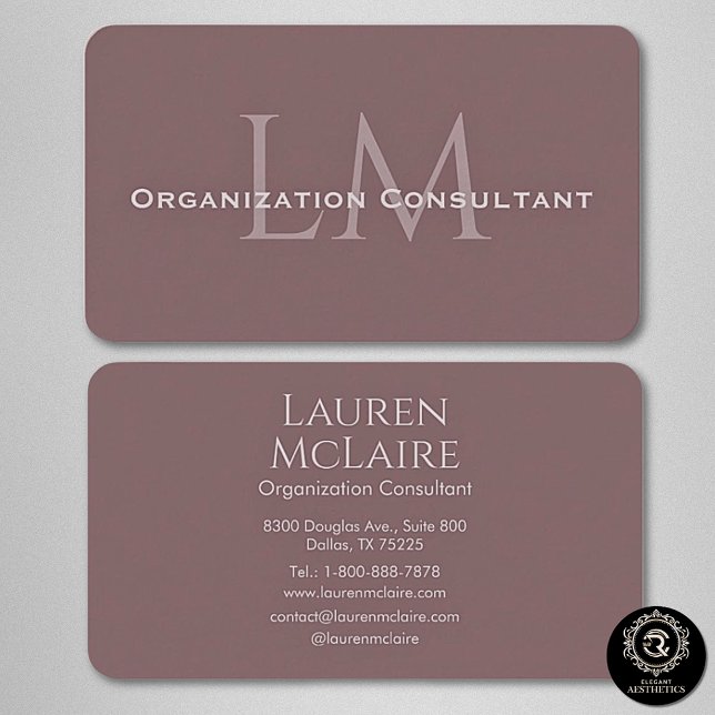 Cartão De Visita Neutral Mauve Taupe Monogram Business Card (Criador carregado)