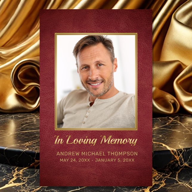 Cartão De Visita No Loving Memory Maroon Dourada Photo Funeral Card (Sympathy In Loving Memory Red Faux Leather Photo Funeral Card with personalized Poem or Prayer)