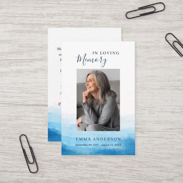 Cartão De Visita No Loving Memory Photo Funeral Blue Prayer Card (Frente/Verso In Situ)