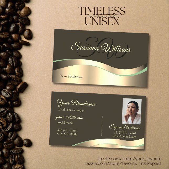 Cartão De Visita Noble Dark Brown Wavy Dourado Decor Iniciais Foto (Criador carregado)