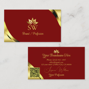 Cartão De Visita Nobre Ouro Cantos em Vermelho com Código QR Monogr