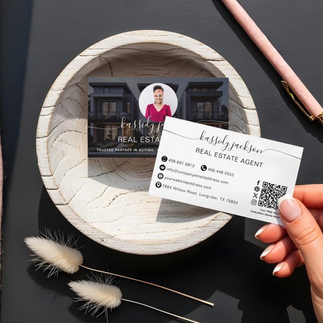 Cartão De Visita Nome de Letra Elegante Código QR de Foto Empresari (Elegant Script Name Circle Business Photo QR Code Business Card)