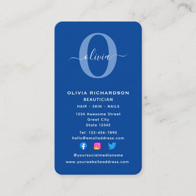 Cartão De Visita Nome de Script de Monograma Vertical Azul Branco F (Frente)