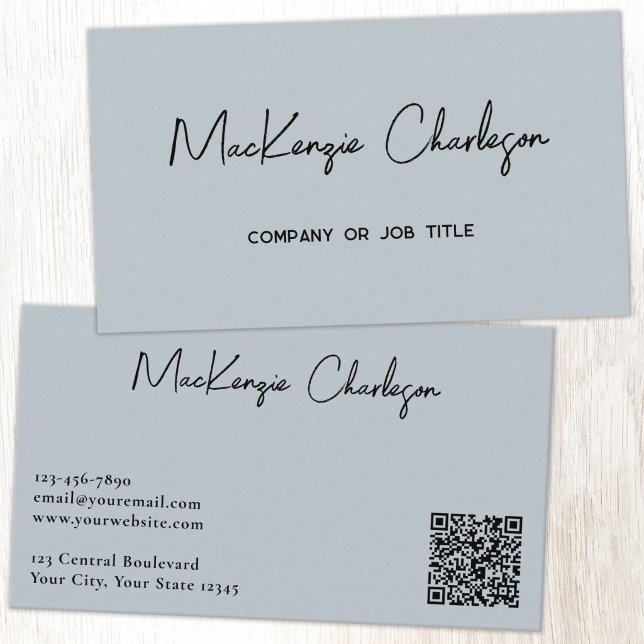 Cartão De Visita Nome de Script Simples e Código QR de Texto Azul P (Simple modern script minimalist business card with QR code in light powder blue)