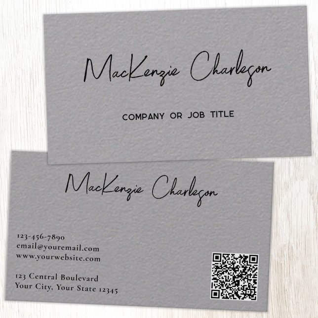Cartão De Visita Nome de Script Simples e Código QR de Texto Cinza (Simple modern script minimalist business card with QR code)