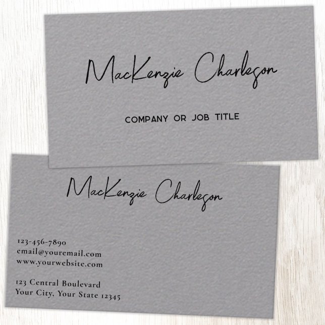 Cartão De Visita Nome de Script Simples Moderno Profissional Cinza (Simple modern minimalist script professional business card design gray)