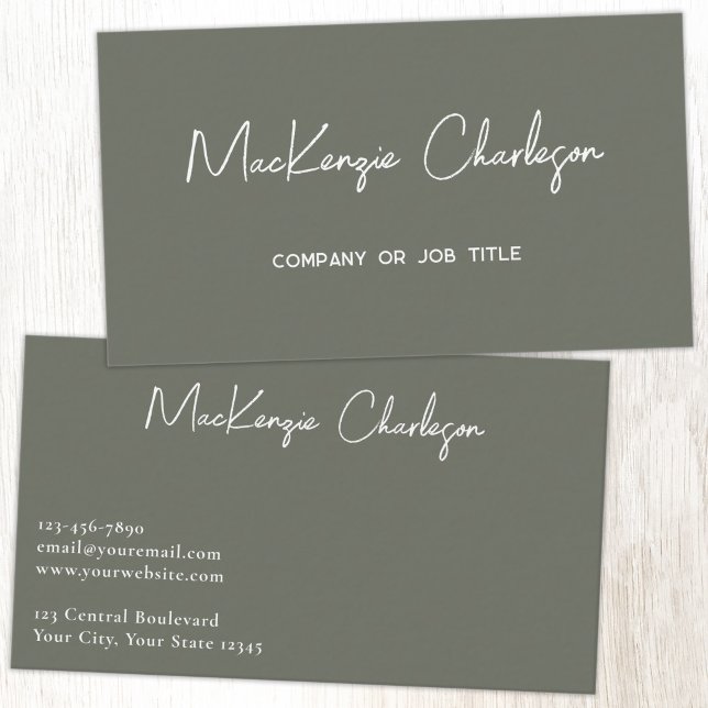 Cartão De Visita Nome de Script Simples Verde Sage Moderno (Simple modern minimalist script professional business card design sage green)