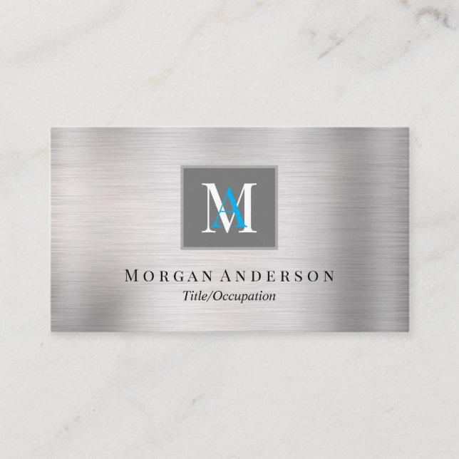 Cartão De Visita Nome do Monograma Branco/Azul, Azul Oceano e Prata (Frente)