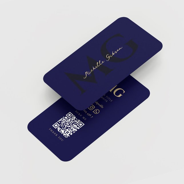 Cartão De Visita Nome do Monograma Moderno Inicializa Azul Meia-Noi (Modern Monogram Name Initials Midnight Blue QR)