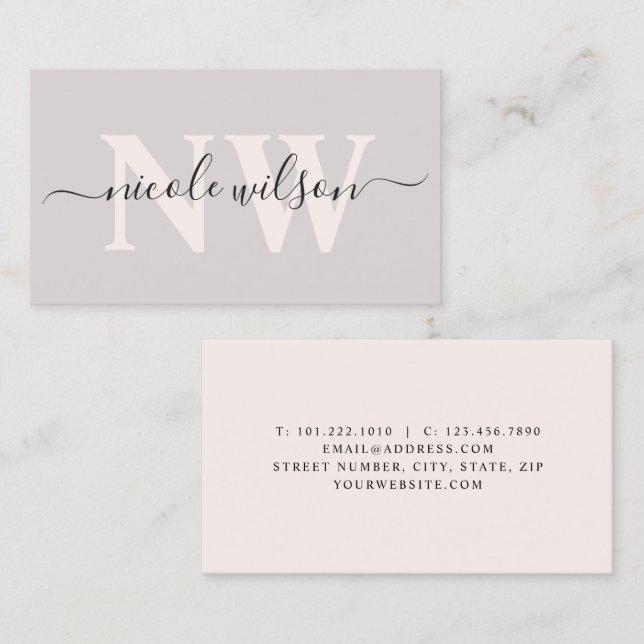 Cartão De Visita Nome do monograma rosado minimalista elegante  (Frente/Verso)