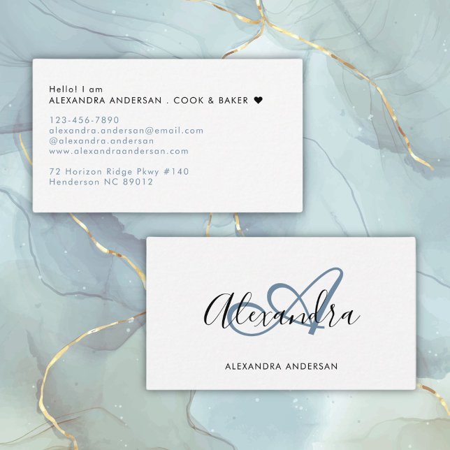 Cartão De Visita Nome do Script Azul Negro Dusty Monograma Elegante (Elegant Monogram Dusty Blue Black Script Name Business Card)