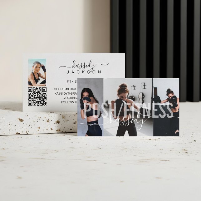 Cartão De Visita Nome do Script de Colagem de Fotografias do Formad (Bold Fitness Trainer Photo Collage Script Name QR Business Card)