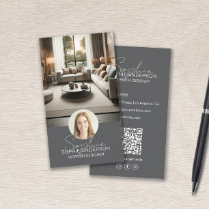 Cartão De Visita Nome do Script do Designer Interior Foto Cinza QR