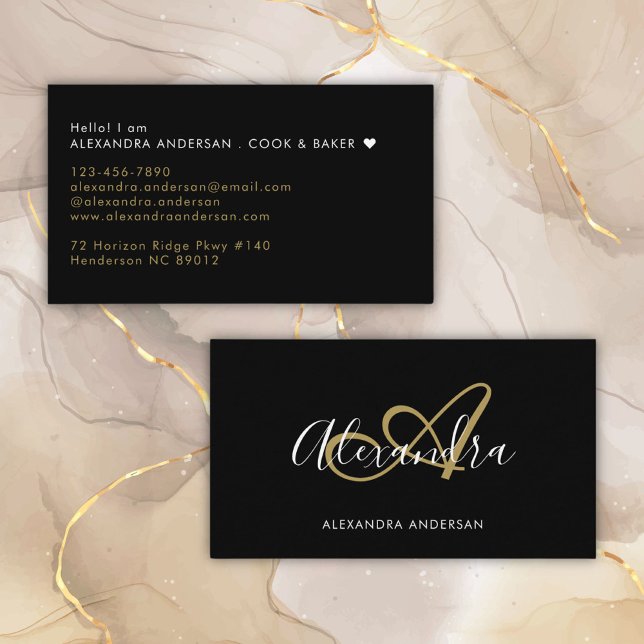 Cartão De Visita Nome do Script Dourado Preto do Monograma Elegante (Elegant Monogram Black Gold Script Name Business Card)