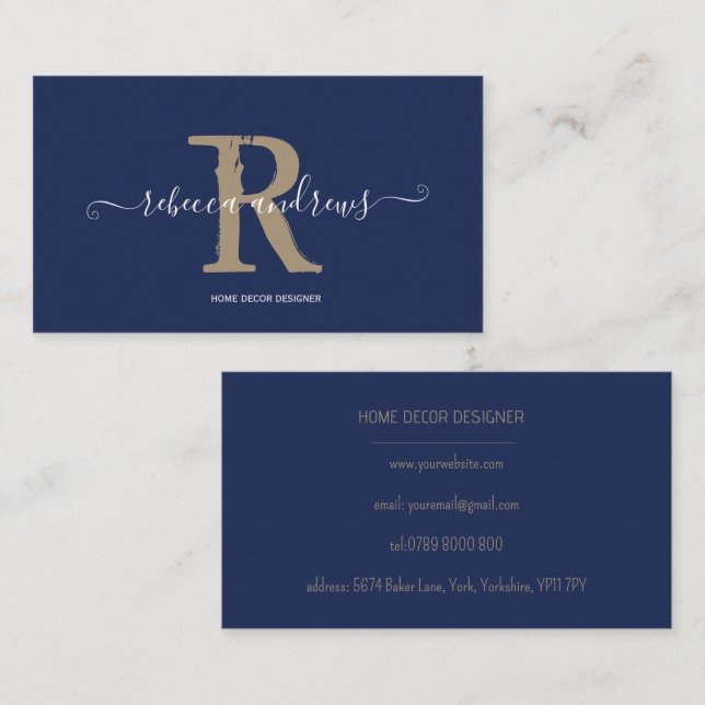 Cartão De Visita Nome do Script Monograma Elegante Marinho inicial  (Frente/Verso)