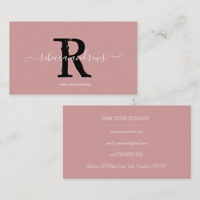Cartão De Visita Nome do Script Monograma Elegante Rosa Derrante In (Frente/Verso)