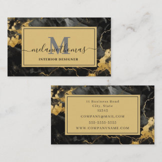 Cartão De Visita Nome do Script Monograma Preto e Dourado Marble