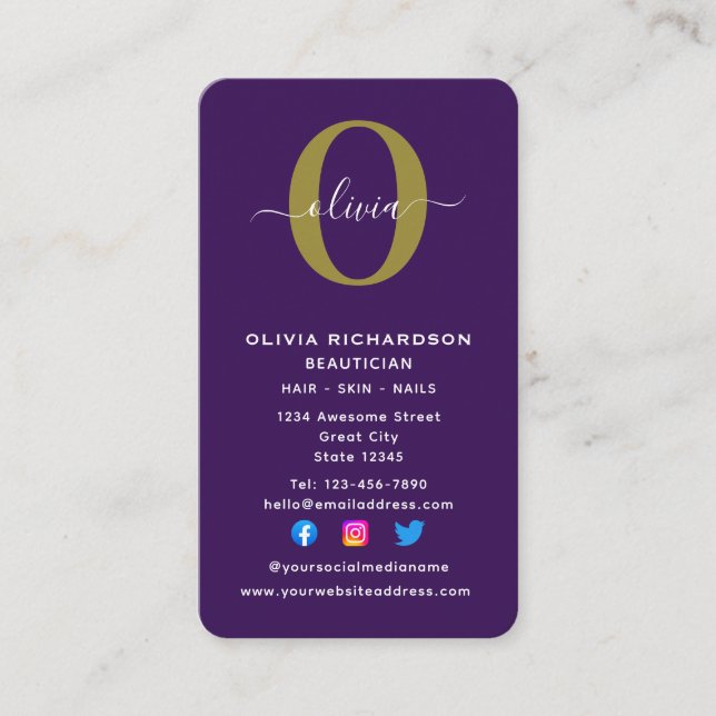 Cartão De Visita Nome do Script Monograma Vertical Dourado Branco P (Frente)