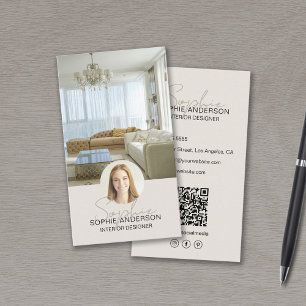 Cartão De Visita Nome do Script QR QR do Designer Interior Tan