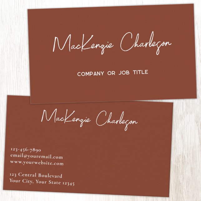 Cartão De Visita Nome do Script Simples Terracota Moderna (Simple modern minimalist script professional business card design terracotta brown)
