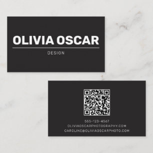 Cartão De Visita Nome em negrito Código QR Preto Design Simples Mod