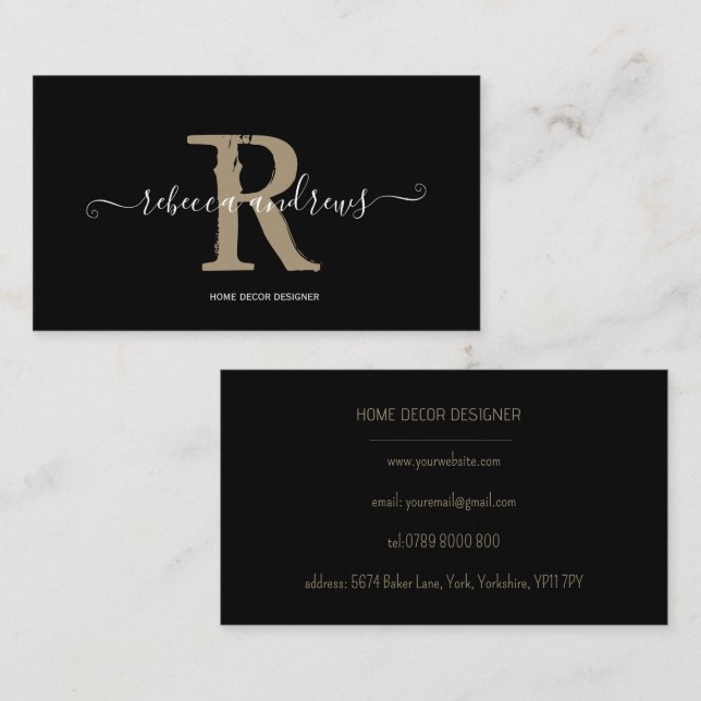 Cartão De Visita Nome inicial do script monograma do Elegante Preto (Frente/Verso)