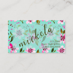 Cartão De Visita Nome Personalizado Aquarela Floral Rosa e Água