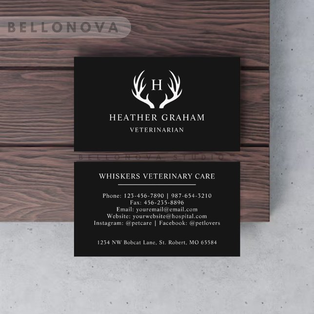 Cartão De Visita Nome Personalizado: Black and White Deer Antler Mo (Custom Name Black And White Deer Antler Monogram Business Card)